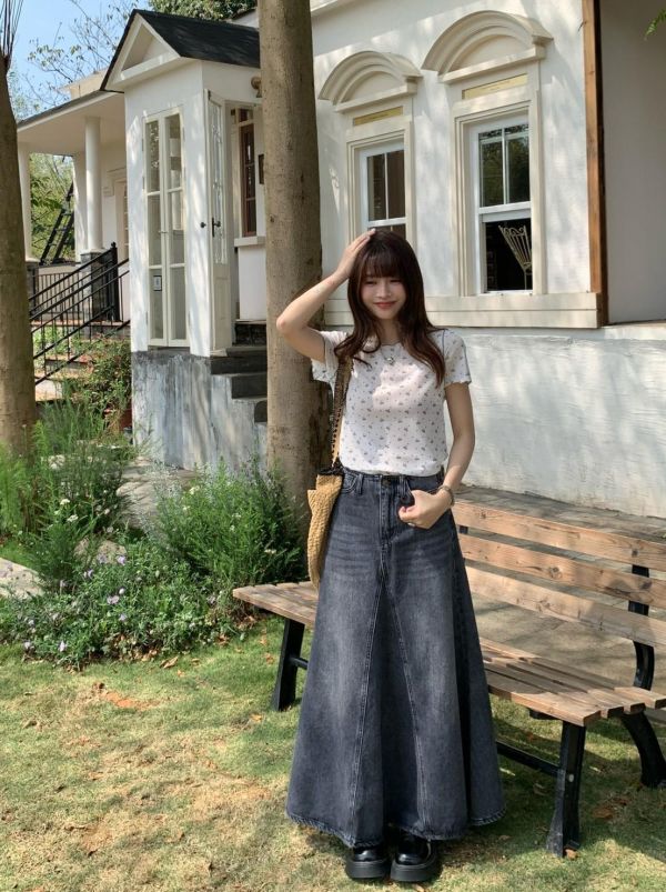 塞納河畔 牛仔長裙 韓系高腰A字牛仔裙 顯瘦顯腿長氣質長裙（S-XL) 