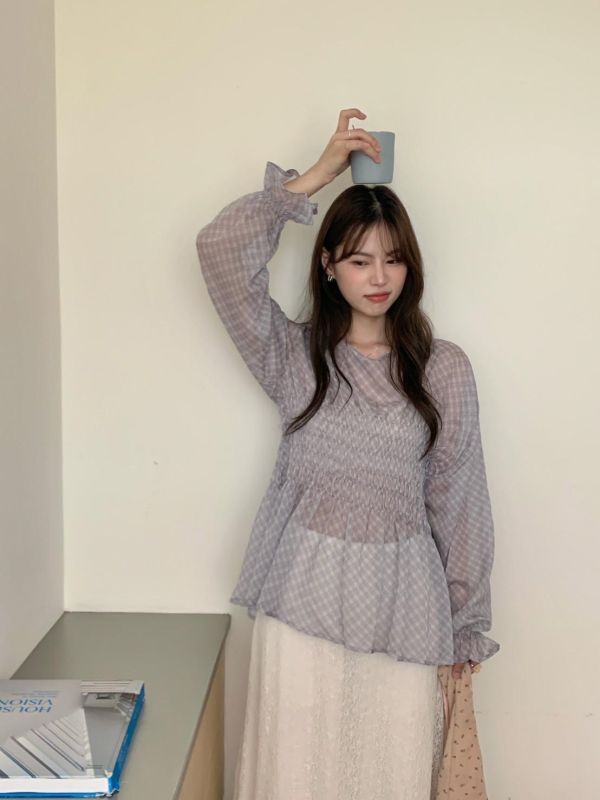 英倫花園日常 格紋抓皺上衣 收腰顯瘦款（2色） 