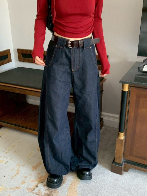 城市深藍 復古大寬褲 走路自帶帥氣風（S-2XL) 