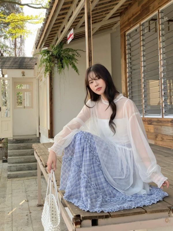 雲霧娃娃 網紗上衣 韓系透膚長袖顯瘦上衣 百搭氣質上衣（3色） 
