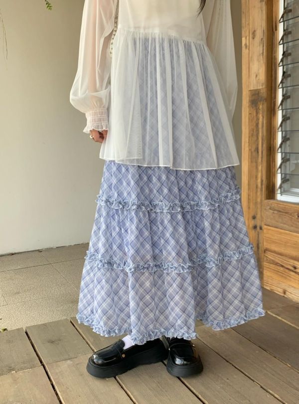 奶油花園格紋裙 春季新款 法式格紋裙 蛋糕裙 A字長裙 高腰顯瘦 氣質長裙 韓系穿搭（2色） 