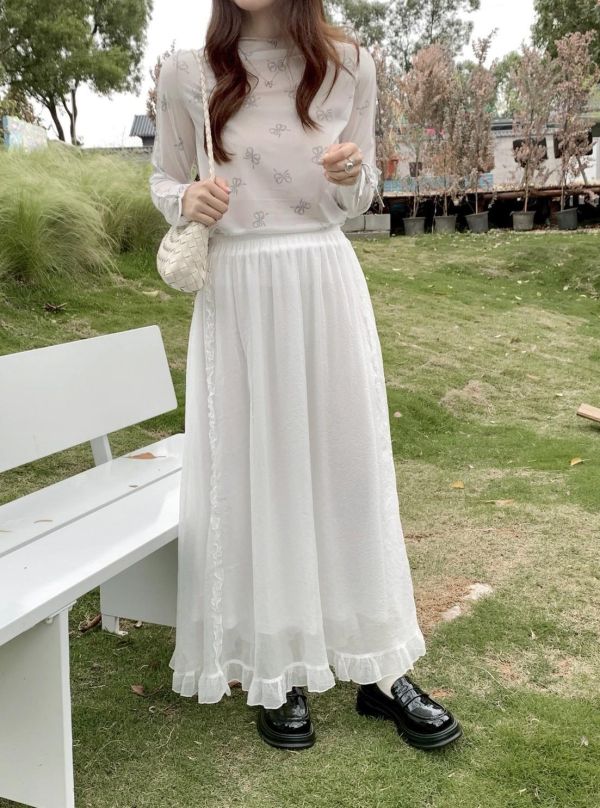 輕霧漫步 荷葉裙 韓系飄逸顯瘦長裙 百搭氣質半身裙（3色） 