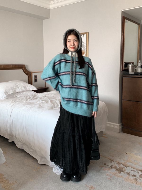 糖霜電波 毛絨條紋寬鬆針織上衣 冬日軟萌百搭款（3色） 