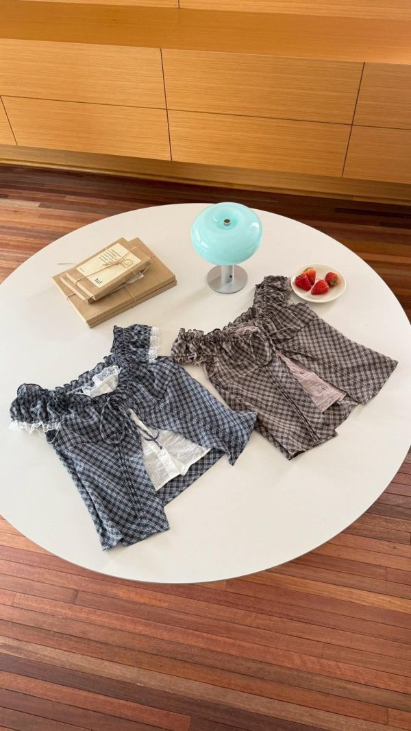 小眾氛圍款  拼接設計 蝴蝶結綁帶 小性感短版顯瘦上衣（2色） 