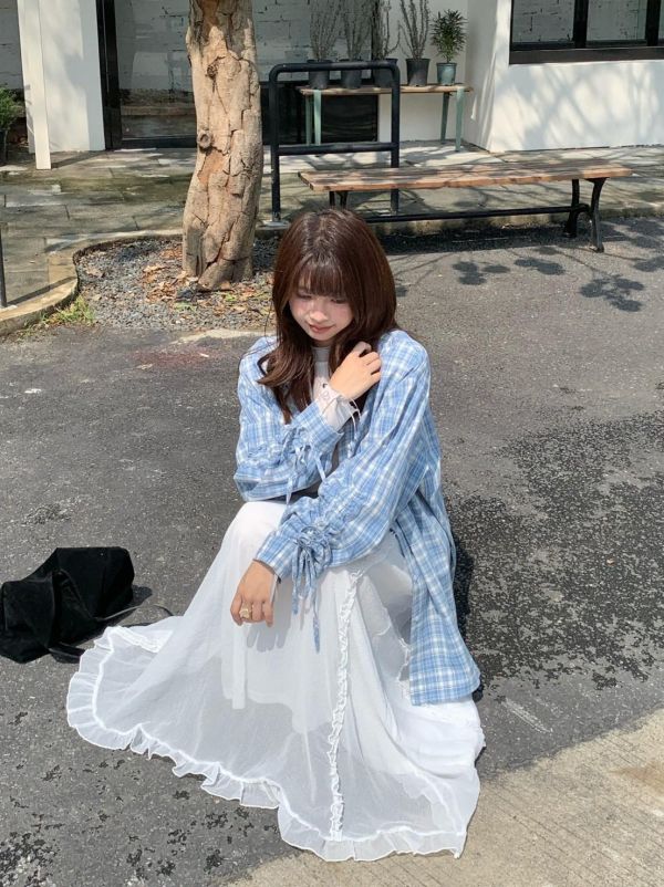 海岸微風格紋襯衫 韓系格紋襯衫 抽繩袖襯衫 長袖襯衫 寬鬆顯瘦 百搭襯衫（2色） 