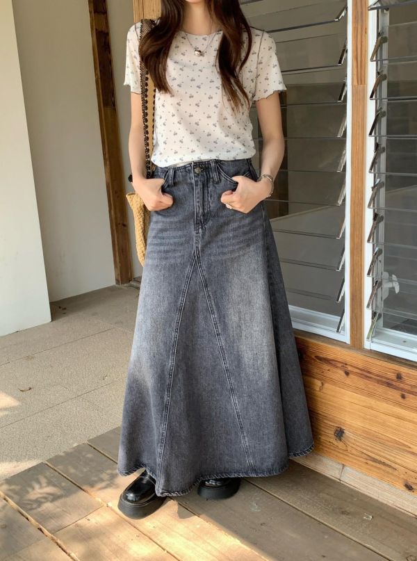 塞納河畔 牛仔長裙 韓系高腰A字牛仔裙 顯瘦顯腿長氣質長裙（S-XL) 