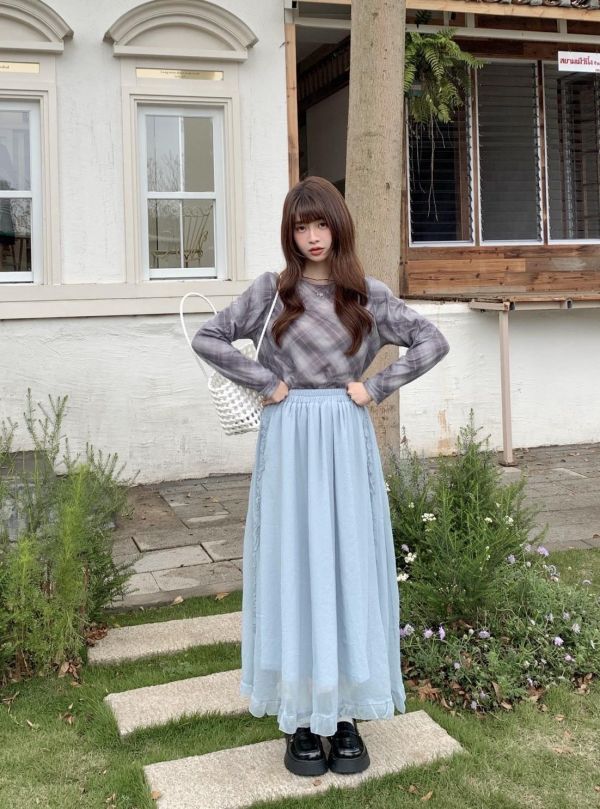 輕霧漫步 荷葉裙 韓系飄逸顯瘦長裙 百搭氣質半身裙（3色） 