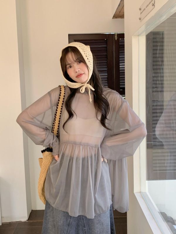 雲霧娃娃 網紗上衣 韓系透膚長袖顯瘦上衣 百搭氣質上衣（3色） 