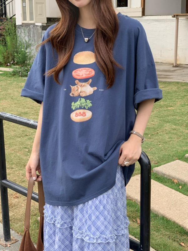 貓咪午餐漢堡印花T  寬鬆短袖上衣 百搭休閒T（6色） 