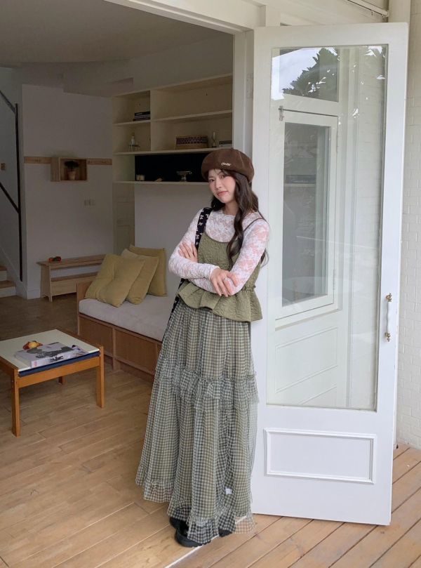 霧夜格紋長裙 紗層荷葉裙（4色） 