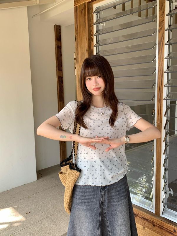 櫻桃糖心 網紗上衣  韓系印花透膚打底衫 百搭短袖（4色） 