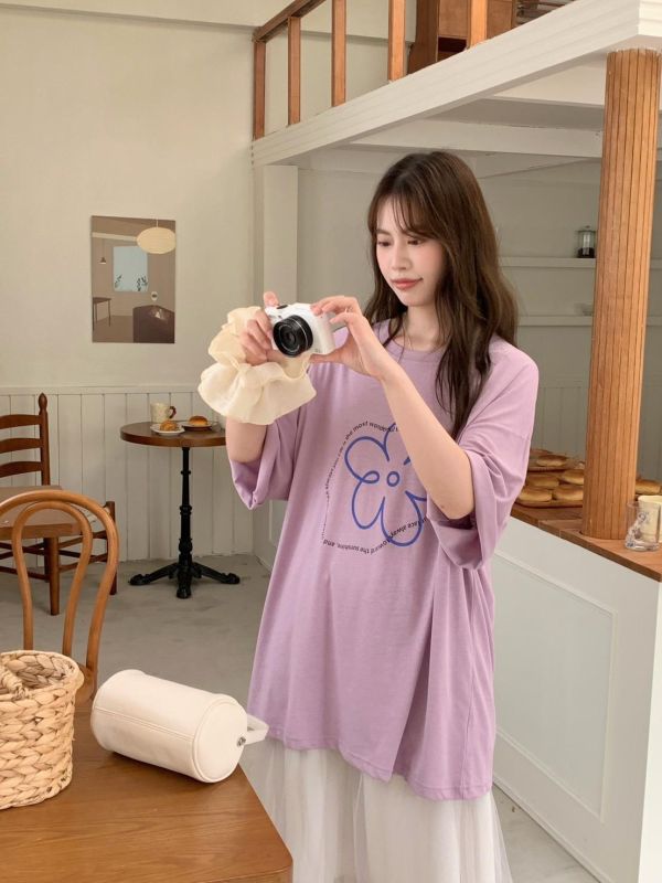 南法花園莊園 小花線條感寬鬆T恤 法式簡約百搭上衣（5色） 