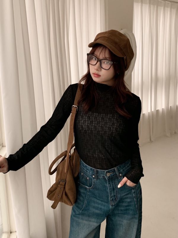 柔和打底 皺皺透膚高領長袖上衣 法式內搭 捲邊設計 百搭打底衫 （3色） 