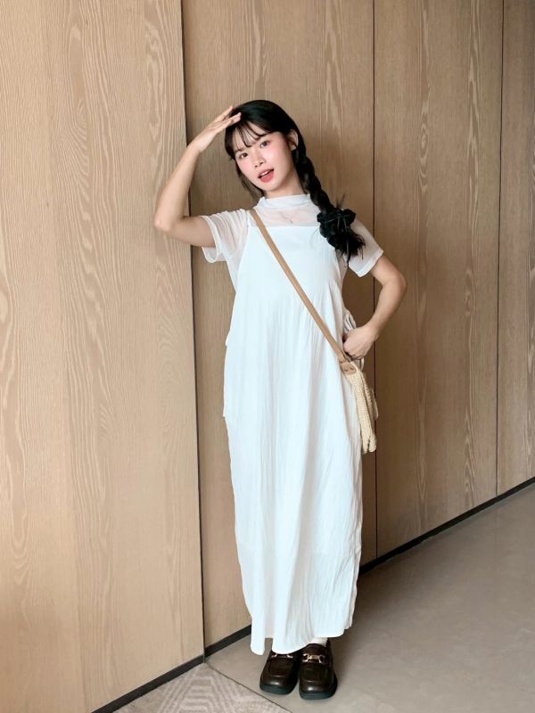 韓系溫柔派少女 工裝感吊帶洋裝 整套販售（洋裝+透膚上衣） 