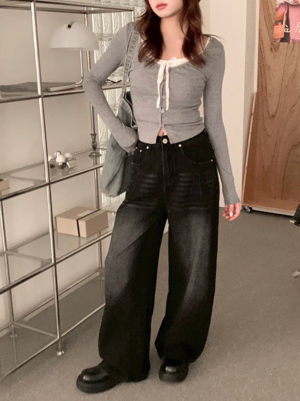 大長腿濾鏡 高腰微復古寬版牛仔長褲 顯瘦挺版 直筒修飾 腿長褲（3色） 