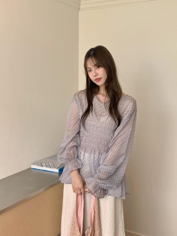 英倫花園日常 格紋抓皺上衣 收腰顯瘦款（2色） 