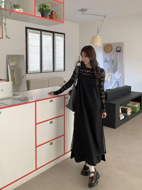 光影之間 空氣感細肩帶綁帶長洋裝 韓系疊穿洋裝 （2色） 