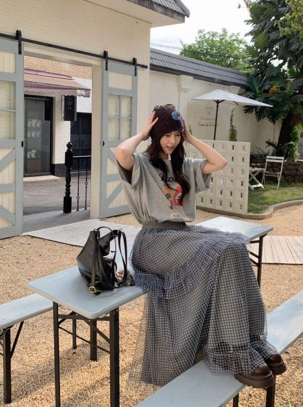 霧夜格紋長裙 紗層荷葉裙（4色） 