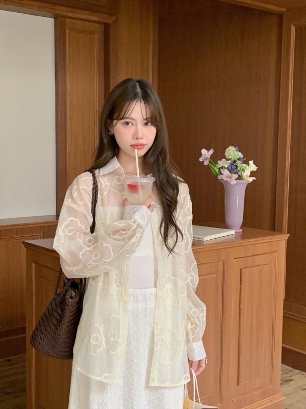 渡假氛圍花花透紗襯衫 後綁帶設計 微透感小性感 寬鬆顯瘦襯衫（3色） 