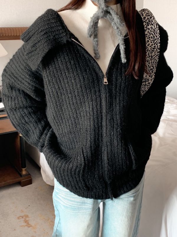 韓系熱可可軟毛針織 大領口拉鍊外套 