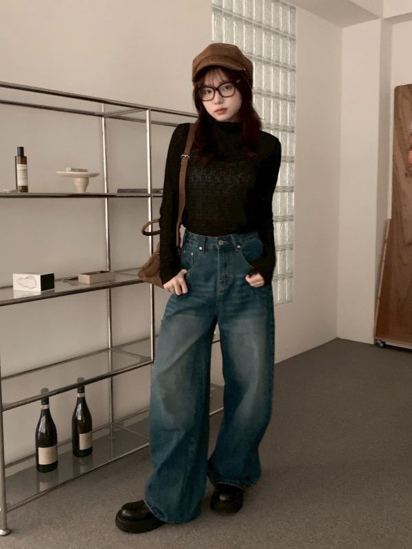 大長腿濾鏡 高腰微復古寬版牛仔長褲 顯瘦挺版 直筒修飾 腿長褲（3色） 