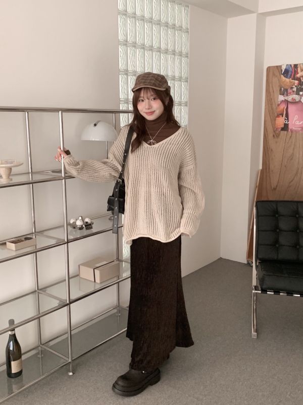 冬日溫暖系 洞洞針織上衣 V領寬鬆版（3色） 