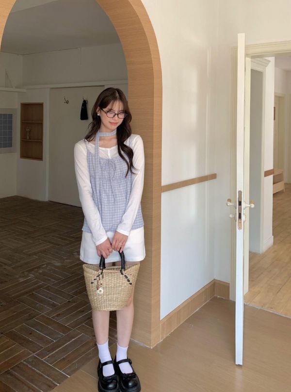 春日微霧感  細格綁帶背心+薄罩衫兩件套 韓系溫柔疊穿 （2色） 