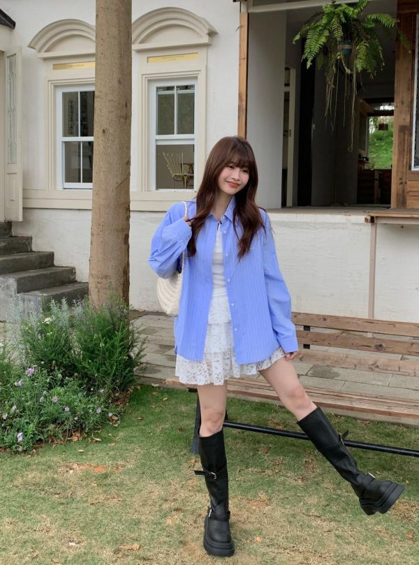 清晨藍調百搭長袖襯衫 顯瘦襯衫 學院風襯衫 氣質藍色襯衫 上班通勤穿搭（2色） 