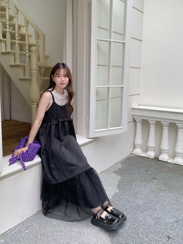 花影層層 細肩輕紗蛋糕洋裝（3色） 