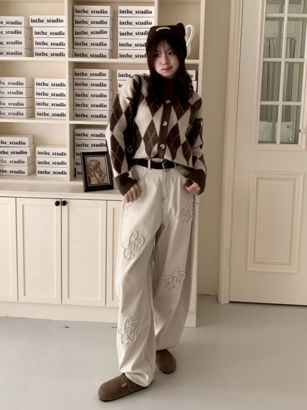 霧藍花信 小花刺繡牛仔寬褲高腰顯瘦 直筒寬褲（2色） 