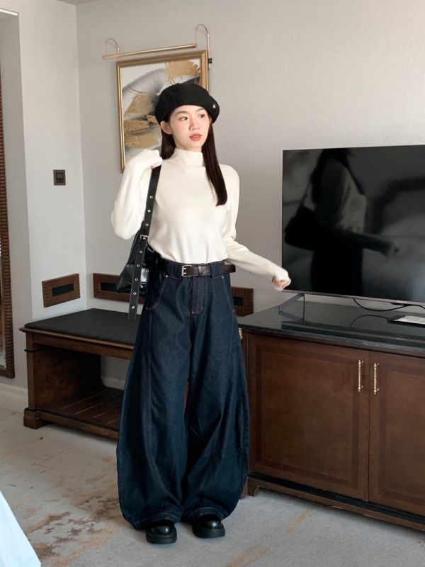 城市深藍 復古大寬褲 走路自帶帥氣風（S-2XL) 