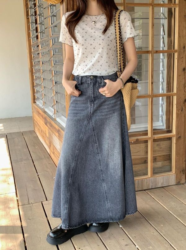 塞納河畔 牛仔長裙 韓系高腰A字牛仔裙 顯瘦顯腿長氣質長裙（S-XL) 