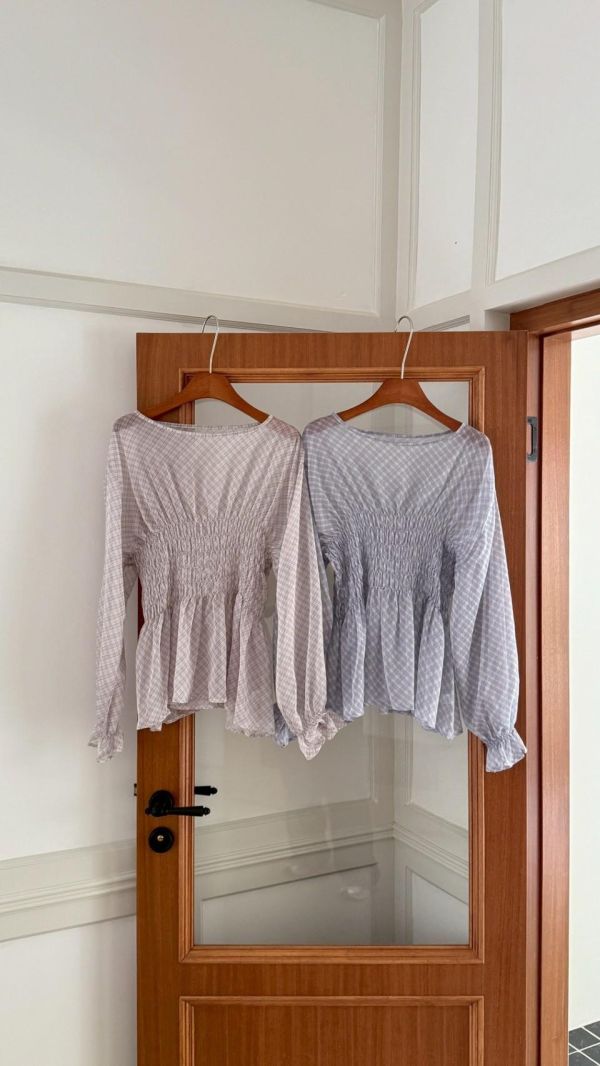 英倫花園日常 格紋抓皺上衣 收腰顯瘦款（2色） 