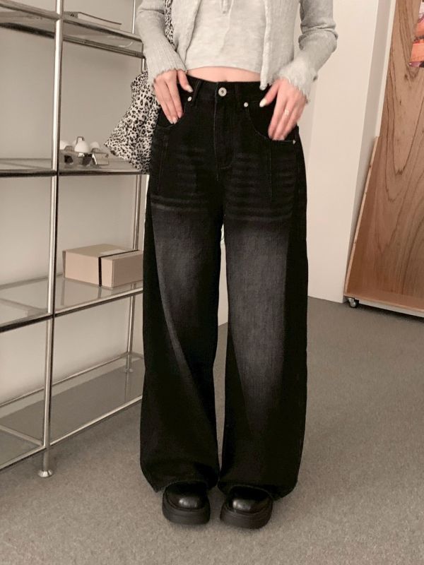 大長腿濾鏡 高腰微復古寬版牛仔長褲 顯瘦挺版 直筒修飾 腿長褲（3色） 