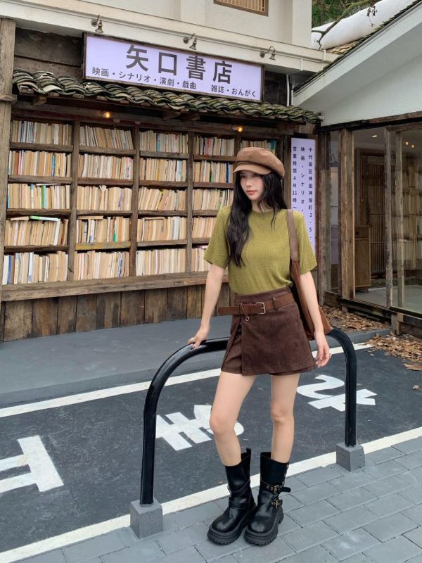 秋日咖啡學院 附皮帶麂皮感高腰褲裙 A字顯瘦短褲裙 (2色） 