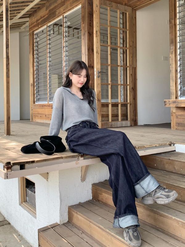 深夜街拍牛仔褲 韓系高腰顯瘦牛仔褲 女生百搭寬褲 復古深色牛仔褲（S-XL) 