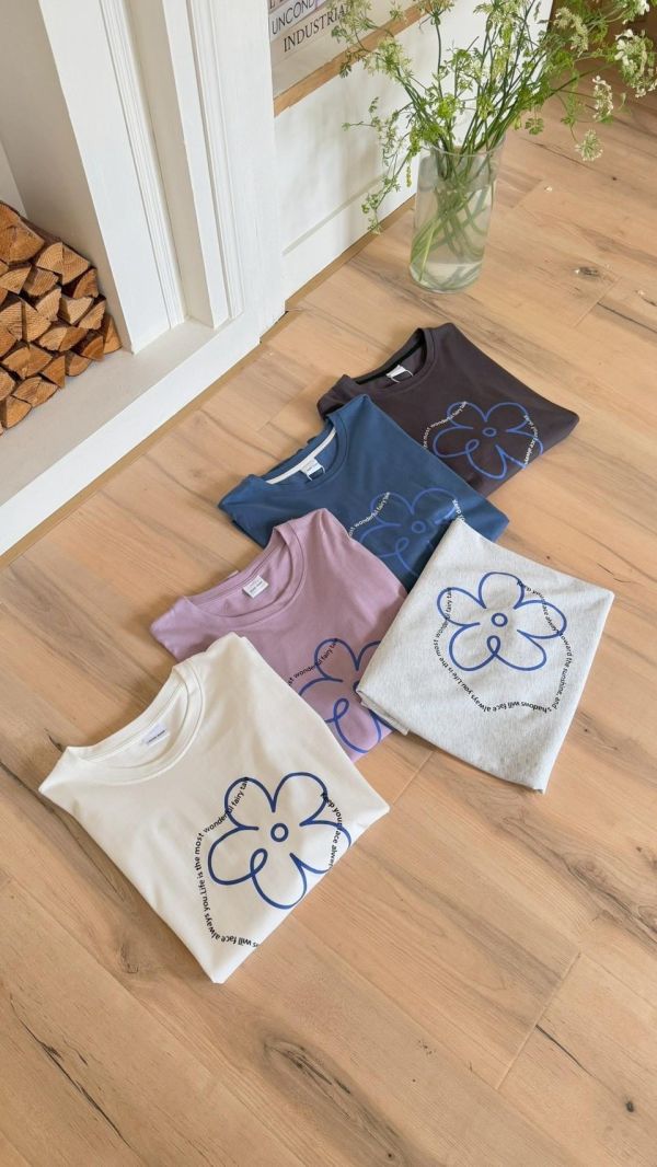 南法花園莊園 小花線條感寬鬆T恤 法式簡約百搭上衣（5色） 