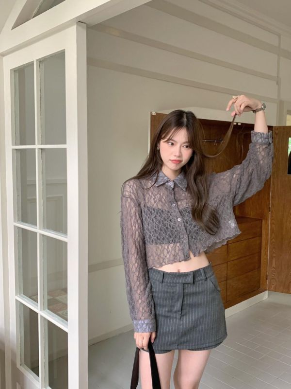 度假氛圍感透膚蕾絲襯衫 微透小性感襯衫（4色） 