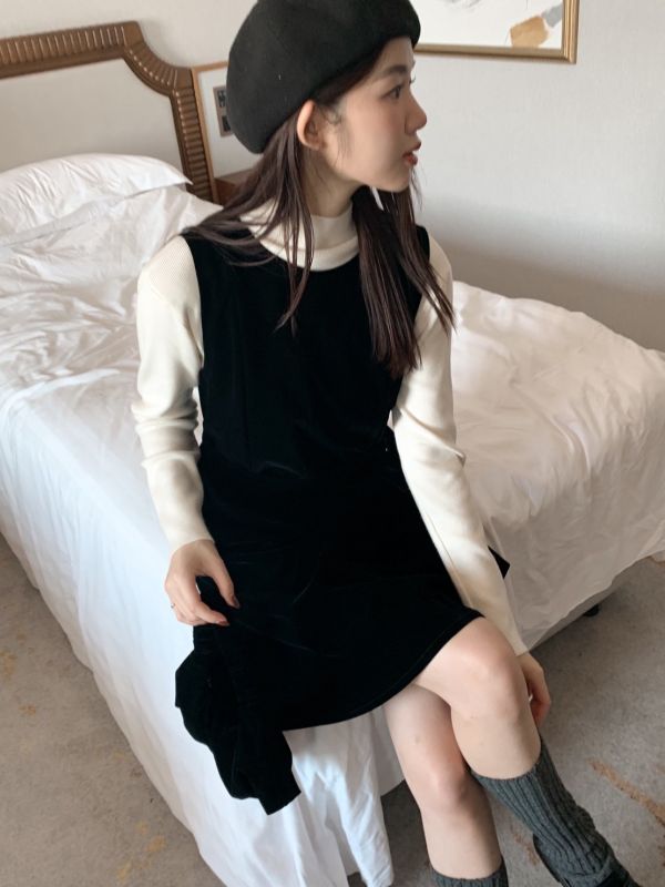 韓系天鵝絨光氣質綁帶小禮服  附贈包包 約會必收 