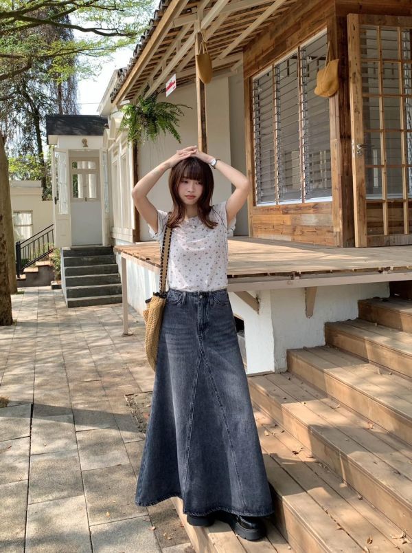 塞納河畔 牛仔長裙 韓系高腰A字牛仔裙 顯瘦顯腿長氣質長裙（S-XL) 