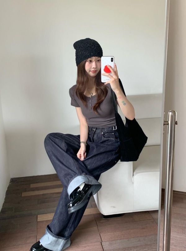 深夜街拍牛仔褲 韓系高腰顯瘦牛仔褲 女生百搭寬褲 復古深色牛仔褲（S-XL) 