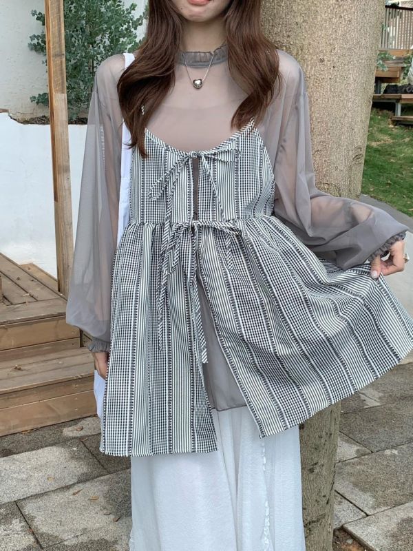 早安夏日 格紋細肩背心 格紋細肩背心 韓系吊帶背心 女生背心 夏天上衣 清新少女穿搭（3色） 