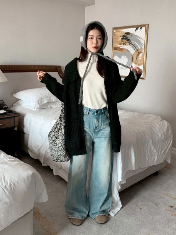 藍調時光 貓抓紋 復古刷色寬褲顯腿長版 百搭不挑人牛仔褲 