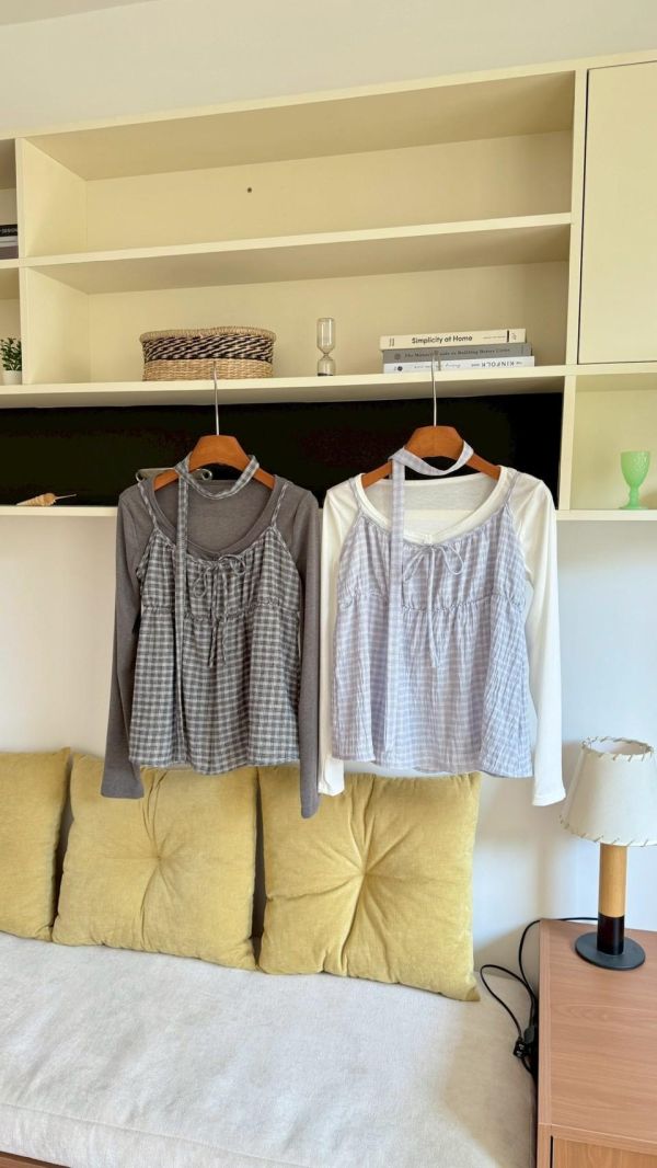 春日微霧感  細格綁帶背心+薄罩衫兩件套 韓系溫柔疊穿 （2色） 