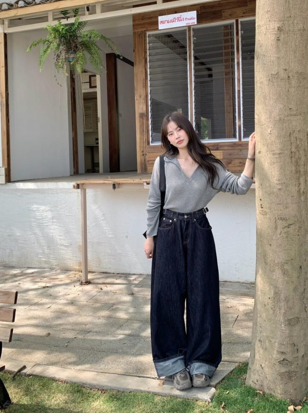 深夜街拍牛仔褲 韓系高腰顯瘦牛仔褲 女生百搭寬褲 復古深色牛仔褲（S-XL) 