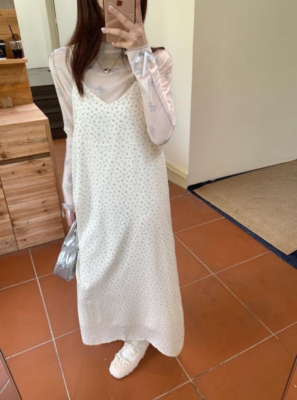 巴黎花園 吊帶洋裝 韓系碎花細肩帶長洋裝 百搭內搭洋裝 春日氣質洋裝（2色） 