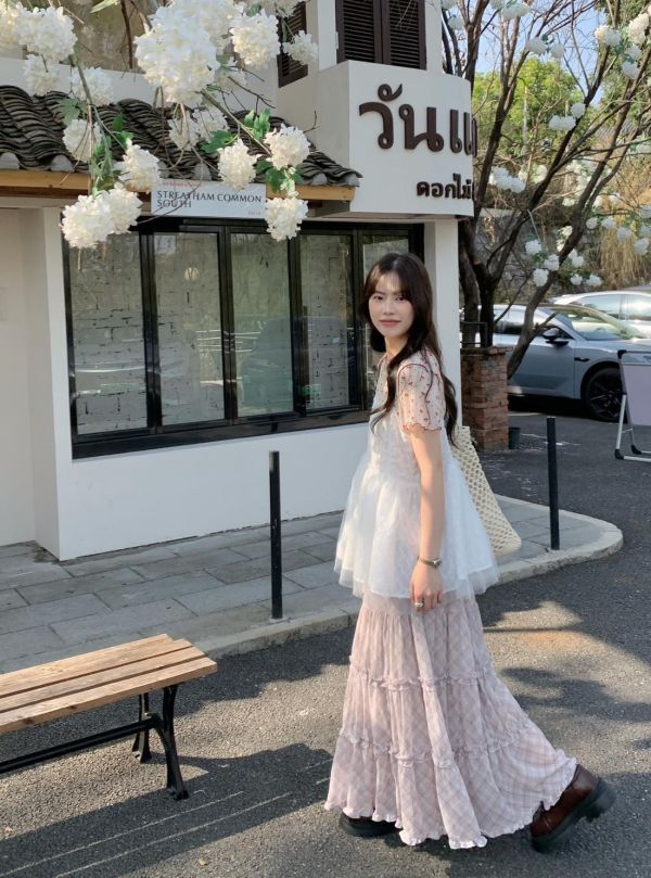 奶油花園格紋裙 春季新款 法式格紋裙 蛋糕裙 A字長裙 高腰顯瘦 氣質長裙 韓系穿搭（2色） 