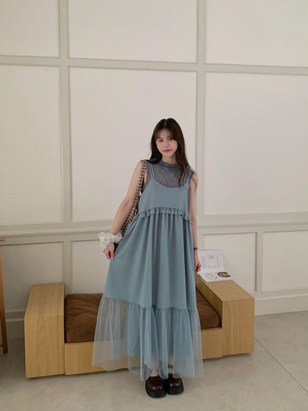 花影層層 細肩輕紗蛋糕洋裝（3色） 