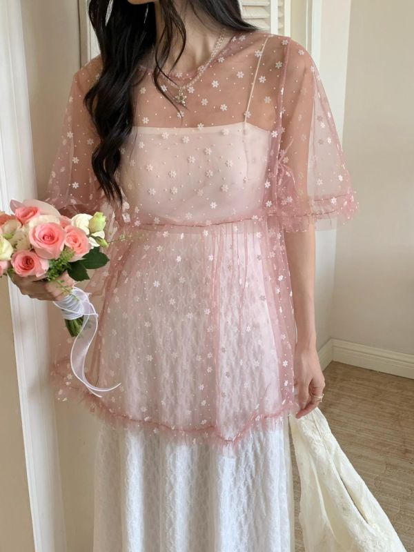 自訂款 花嫁光影 透紗小花洋裝上衣 婚禮氛圍感仙氣罩衫（2色） 