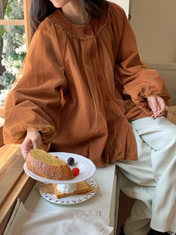 昭和暖冬花物語  日系復古花邊圓領燈芯絨鋪棉外套 蓬袖排釦外套（3色） 